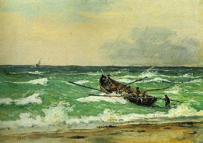 martinus rorbye fiskere fra skagen scetter en bad ud for gennem det oprorte hav at na en jagt i havsnod oil painting image